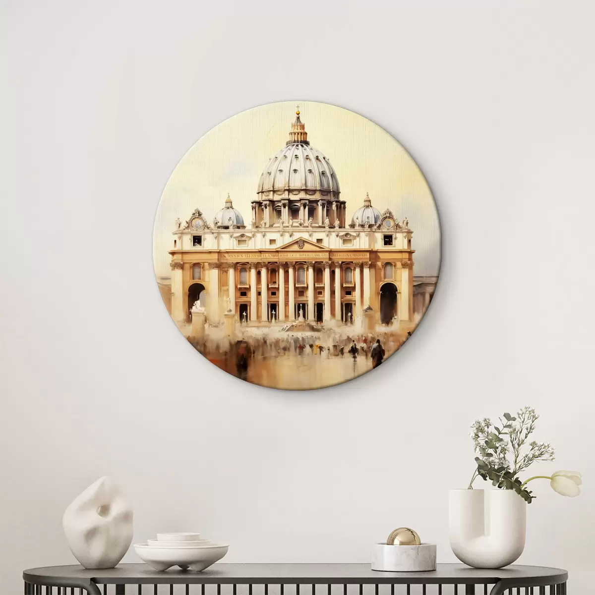 Quadri rotondi Palazzo del Vaticano, gente che cammina nella piazza, dipinto ad olio r39816