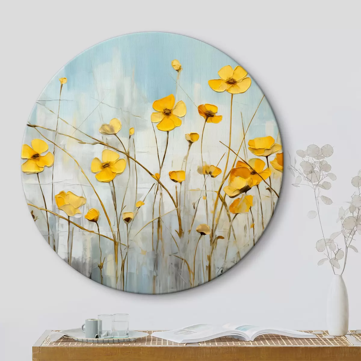 Quadri rotondi Piccoli fiori gialli su un dipinto ad olio a stelo lungo r39823