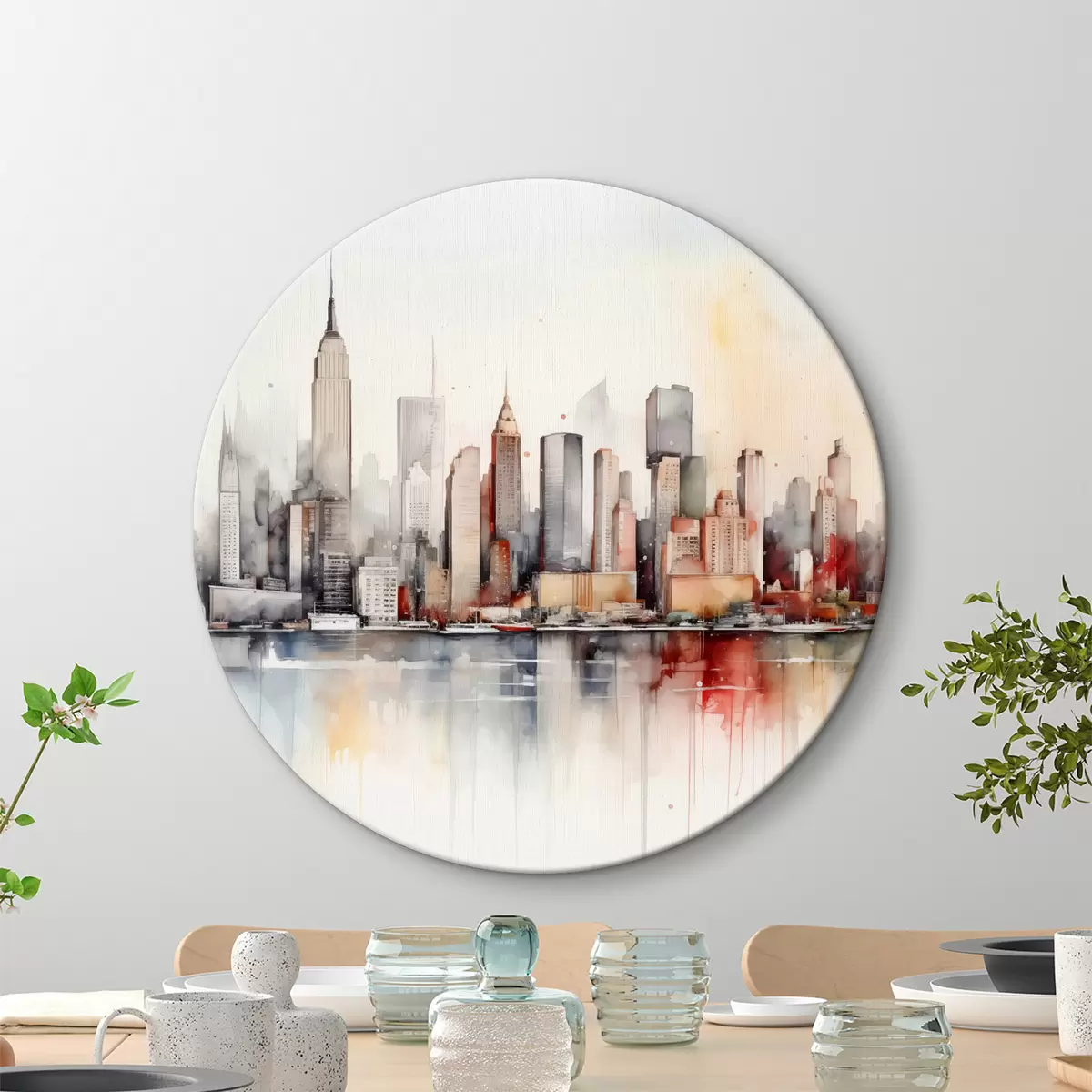 Quadri rotondi Vista di New York City, sagome di edifici, acquerello r39828