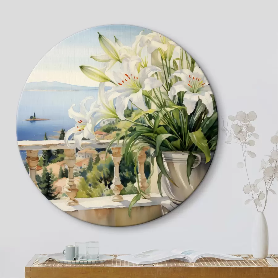 carta da parati Gigli bianchi in un vaso su un balcone sullo sfondo della baia acquerello nr. r39932