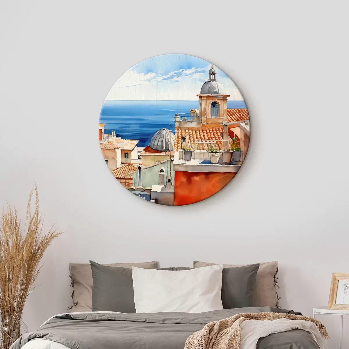 Quadri rotondi Tetti di case italiane sullo sfondo del mare e del cielo acquerello r39933
