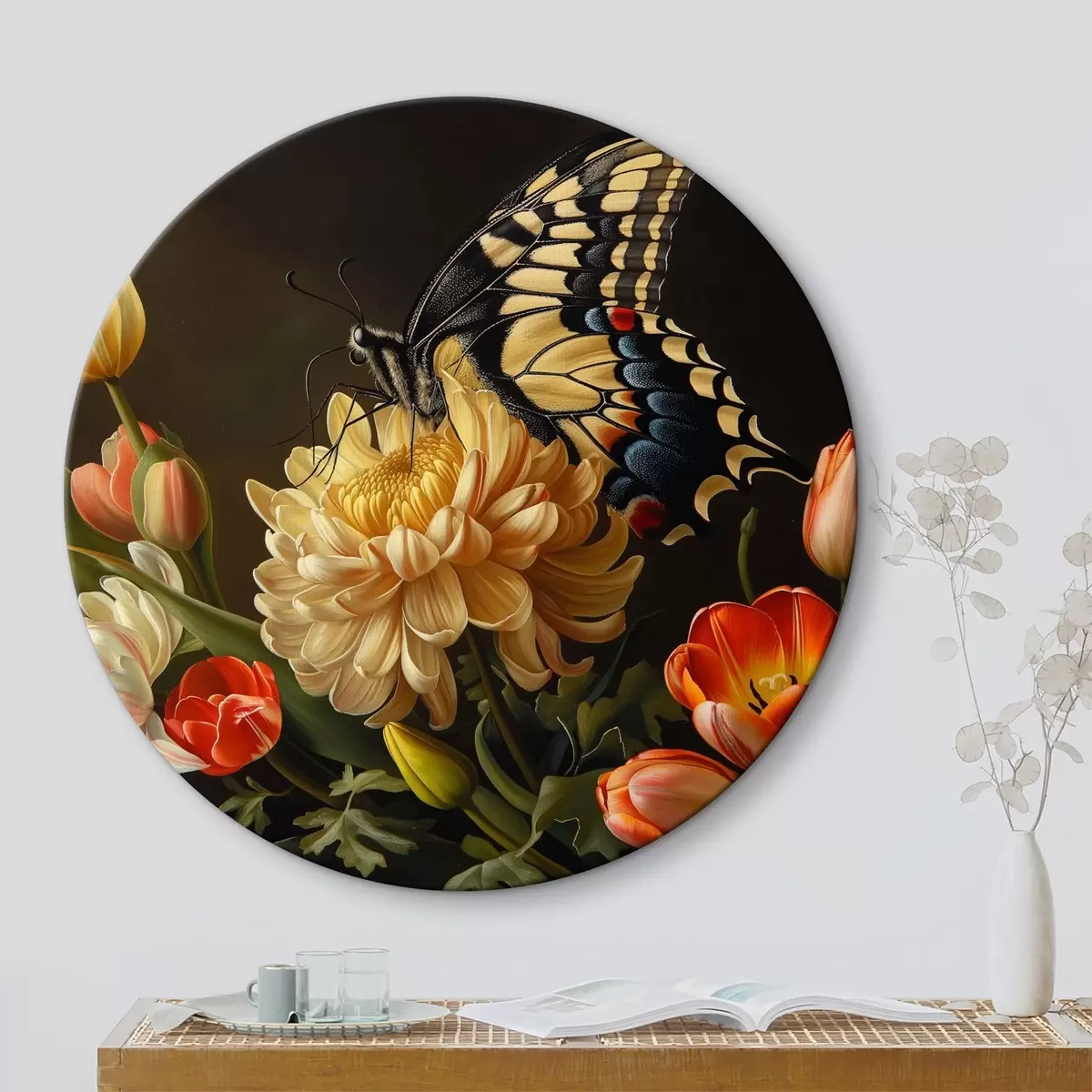 Quadri rotondi Farfalla, bouquet, fiori, tulipano, crisantemo r39949