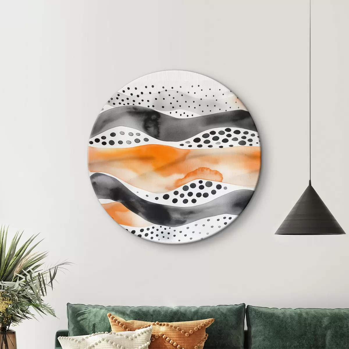 Quadri rotondi Onde, punti, nero, arancione r39950