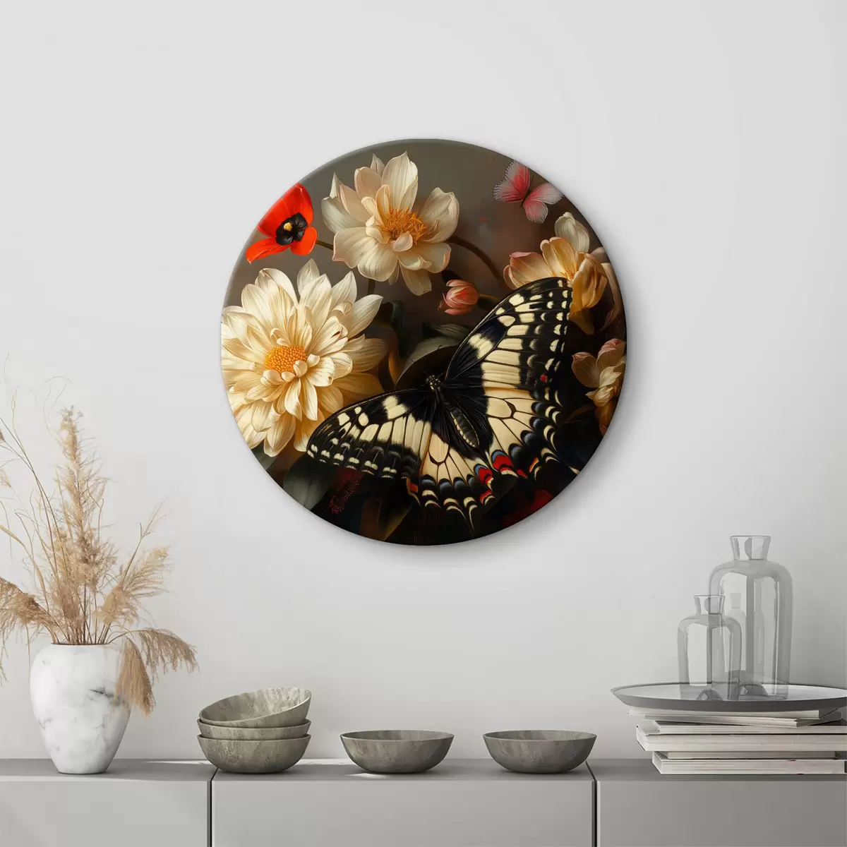 Quadri rotondi Crisantemi, bouquet, fiori, tulipano, farfalla r39951