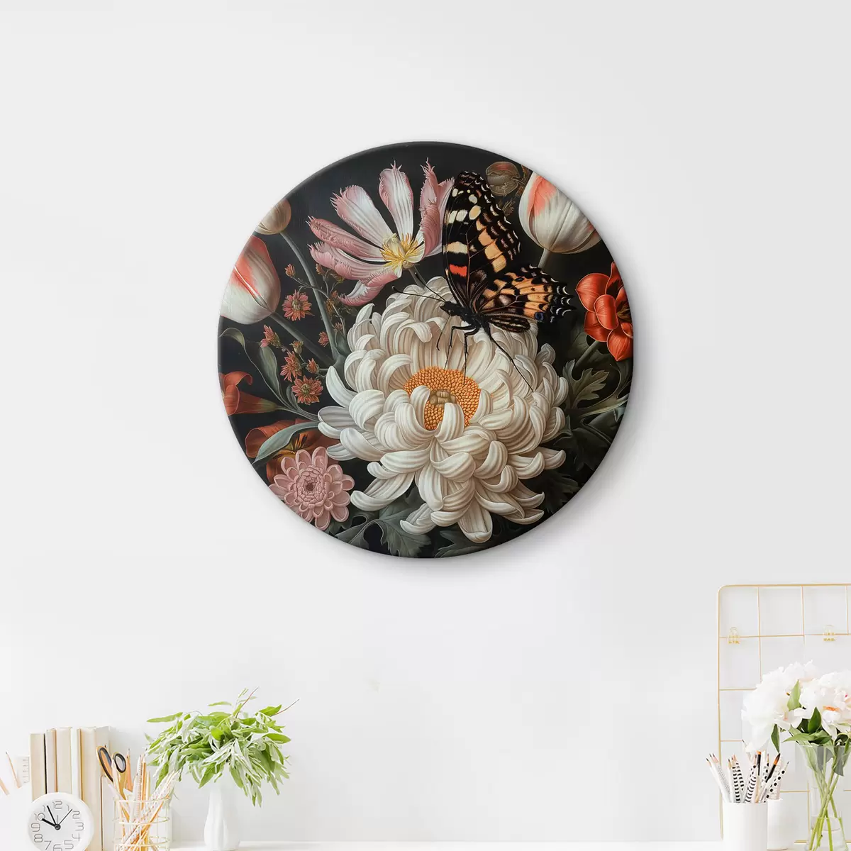 Quadri rotondi Crisantemi, tulipani, farfalle r39953