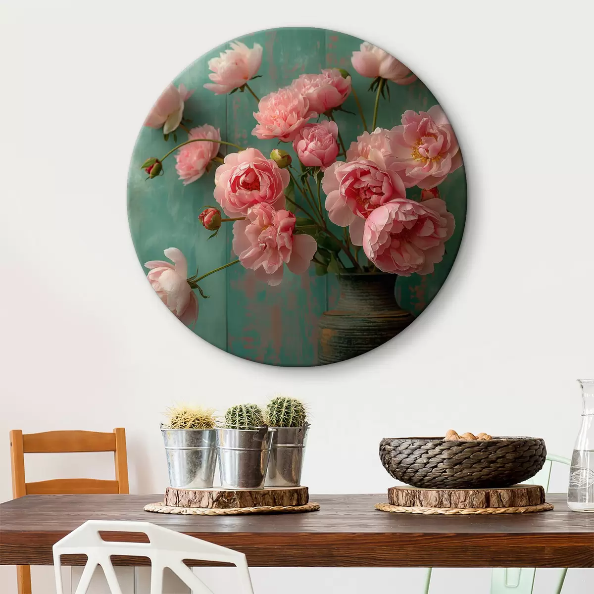 Quadri rotondi Fiori rosa, legno, oggetti d'antiquariato r39957