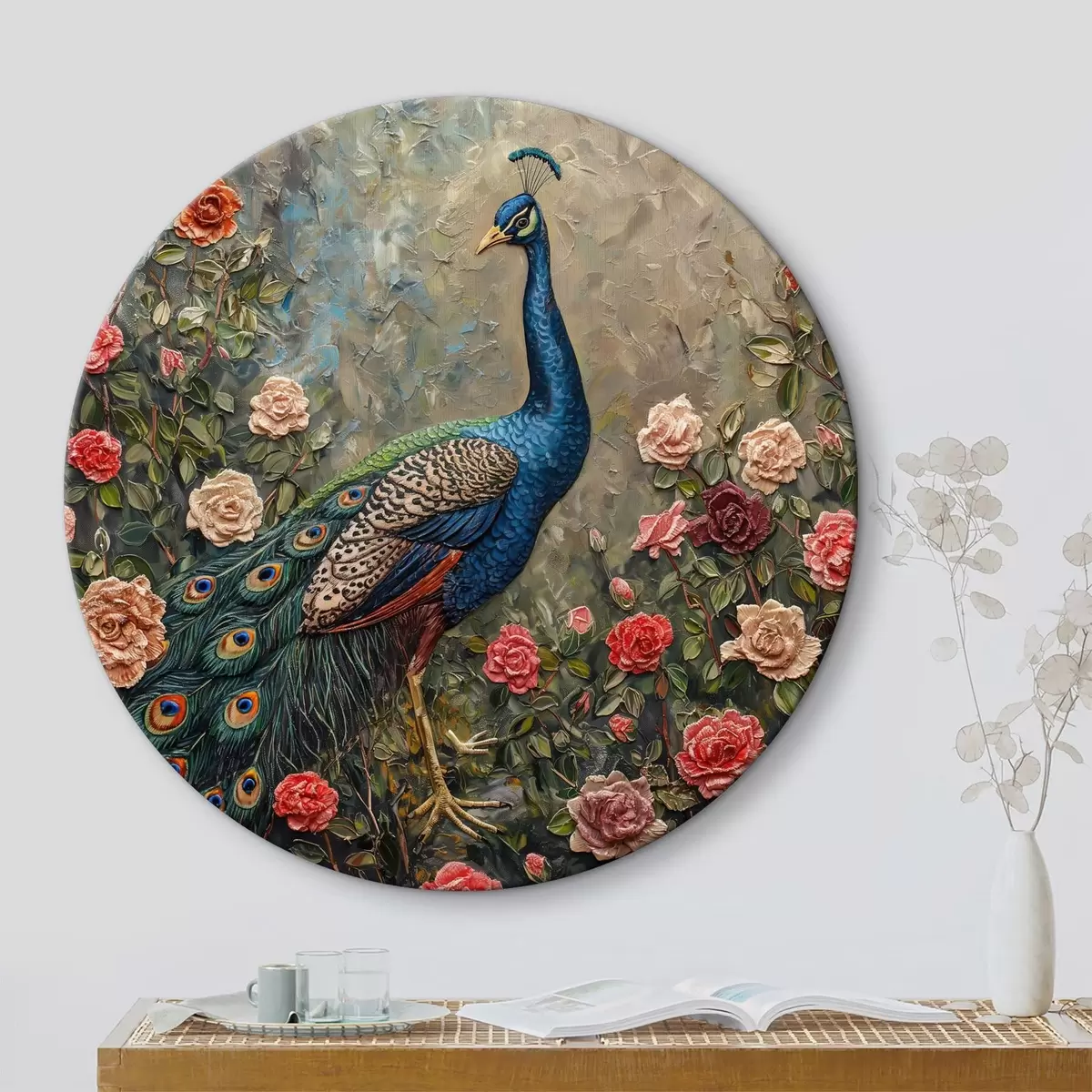 Quadri rotondi Pavone, fiori artigianali, giardino r39959