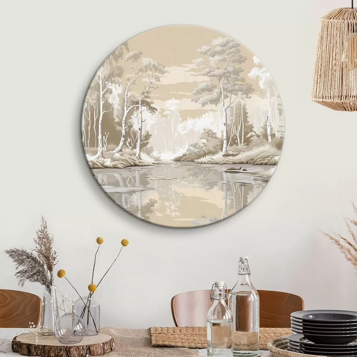 Quadri rotondi Bellissimo paesaggio forestale, colori pastello tenui, beige e bianco r39978