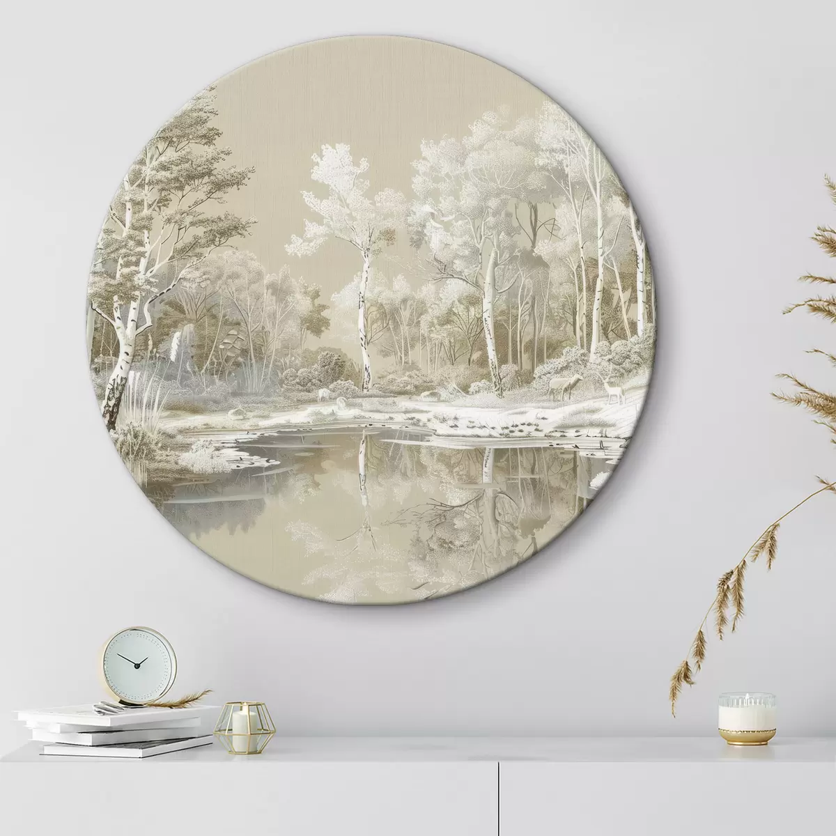 Quadri rotondi Bellissimo paesaggio forestale, stagno e alberi, colori beige e bianco r39979