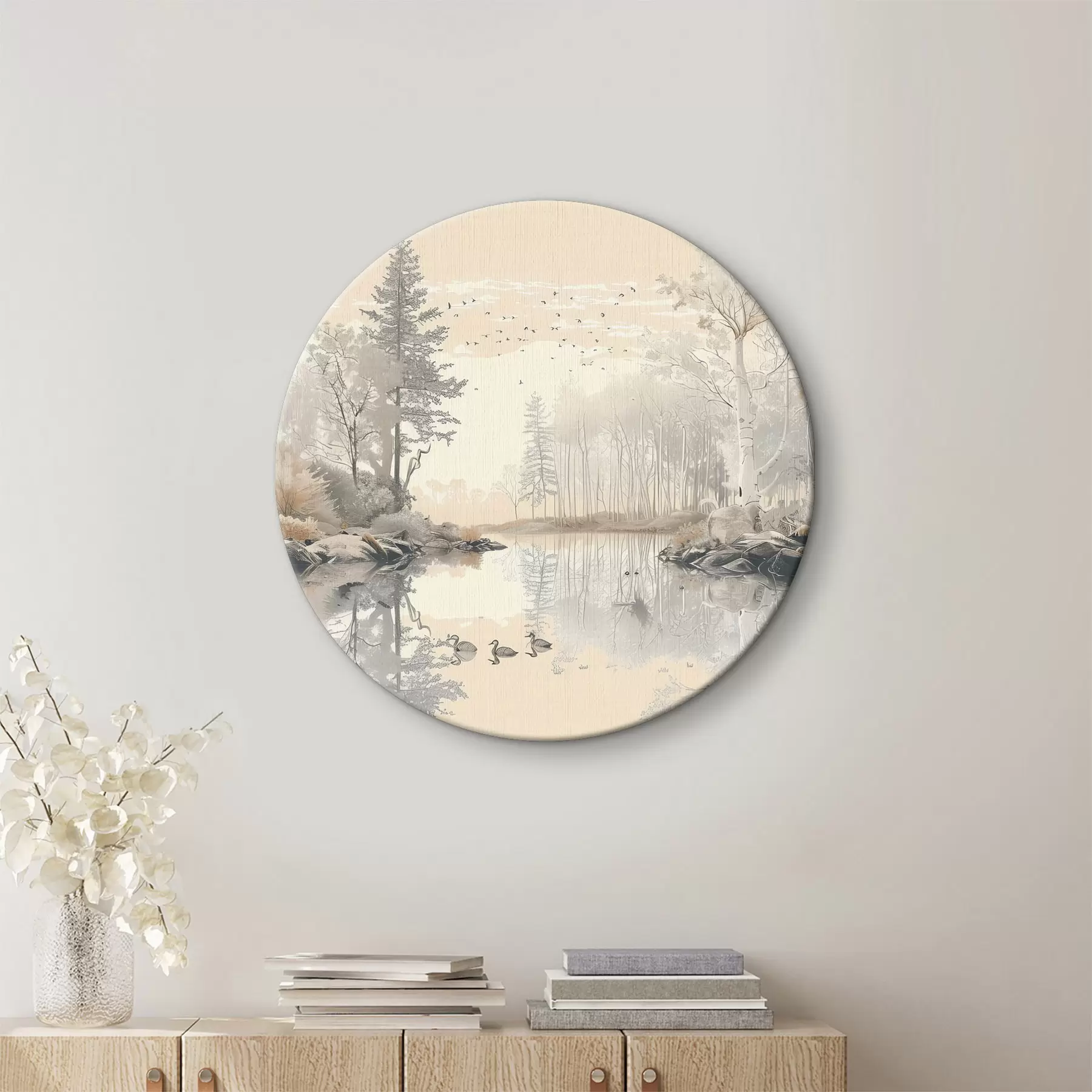 carta da parati Bellissimo paesaggio naturale, stagno e alberi, fauna selvatica, colori pastello tenui nr. r39980