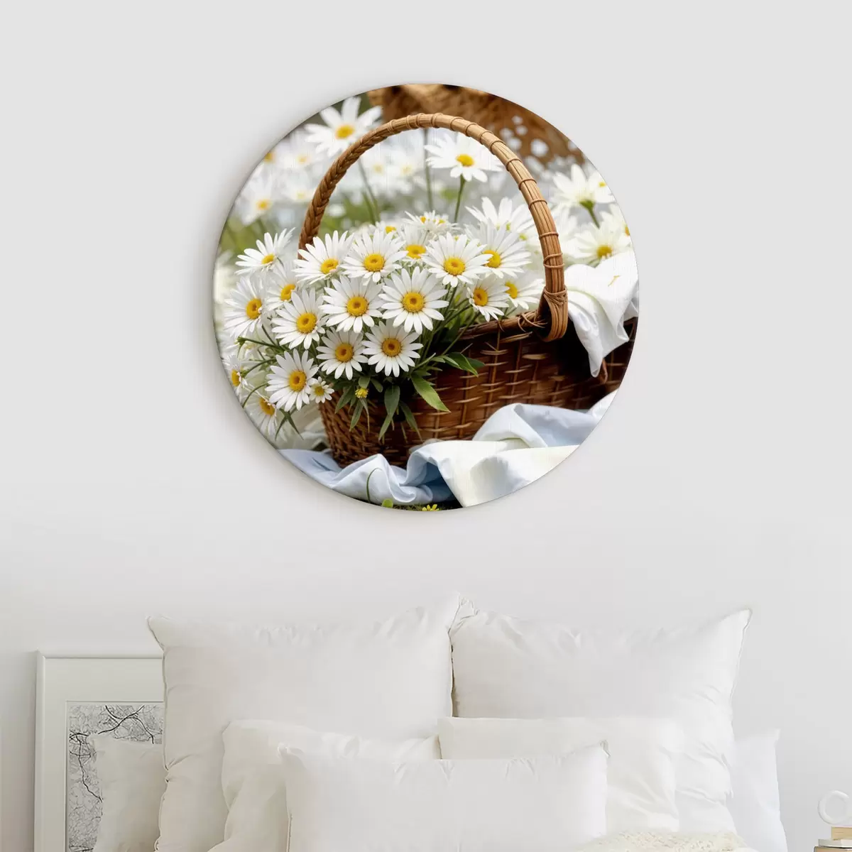 Quadri rotondi Un cesto di vimini pieno di fiori bianchi di margherita su una superficie erbosa con una coperta bianca r40015