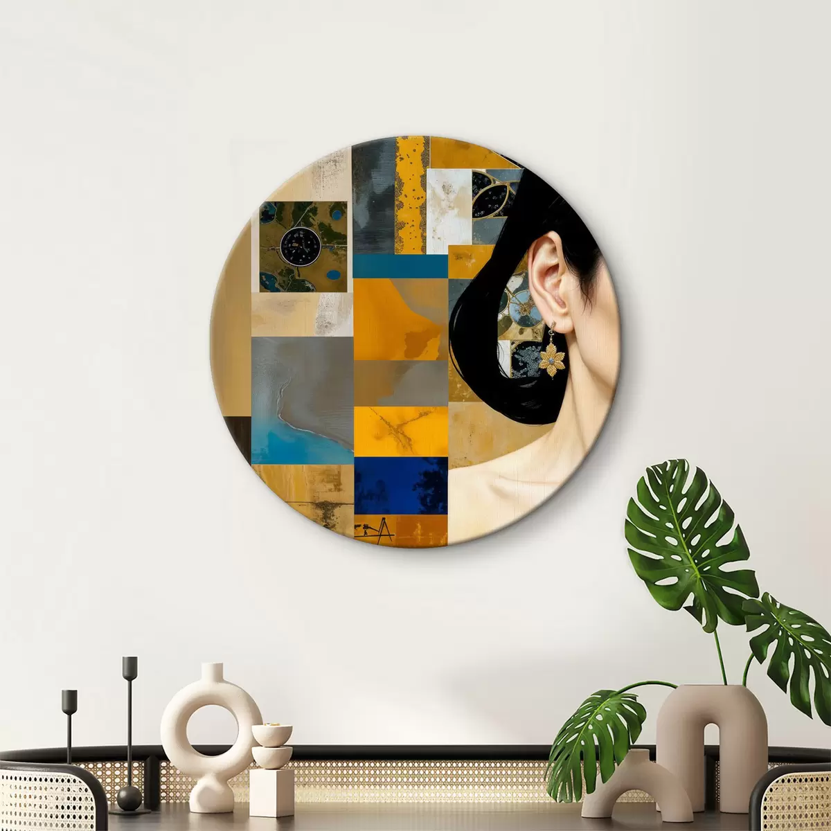Quadri rotondi Composizione geometrica astratta con donne e varie forme, texture e colori r40016