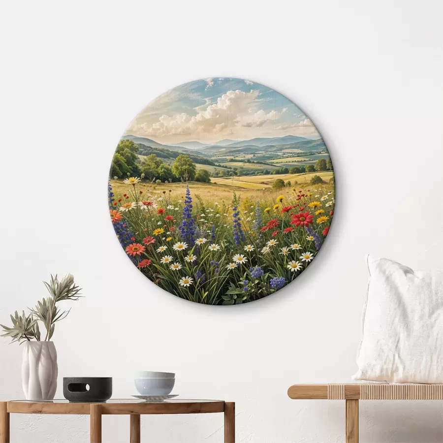 carta da parati Un paesaggio di campagna lussureggiante con un prato fiorito pieno di fiori colorati sotto un cielo nuvoloso nr. r40018