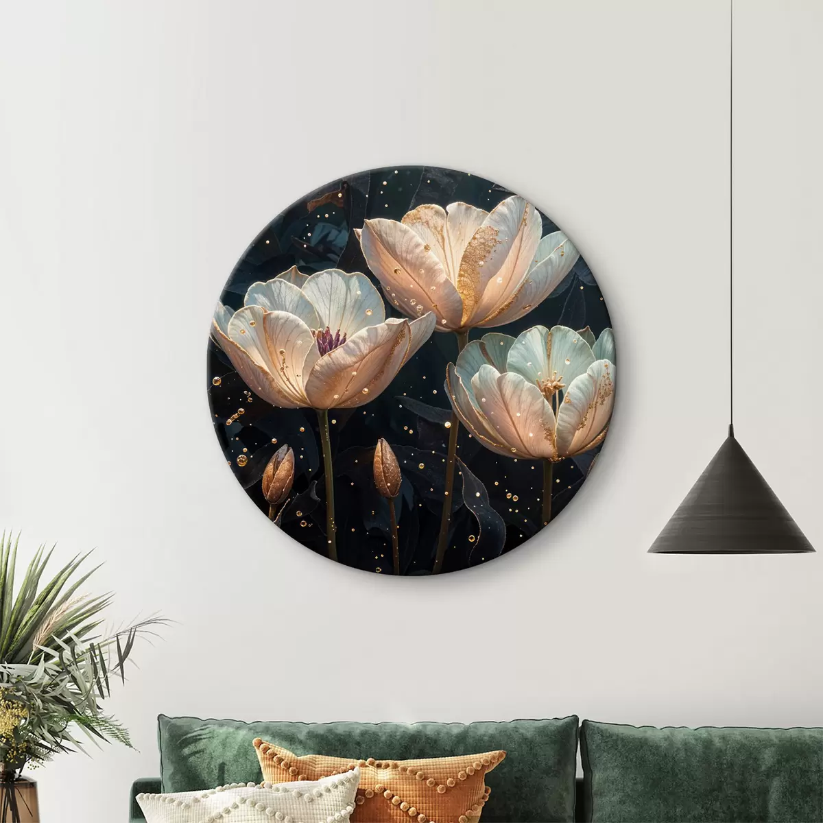 Quadri rotondi Delicati tulipani rosa con gocce d'acqua che sbocciano su uno sfondo scuro con stelle scintillanti r40023