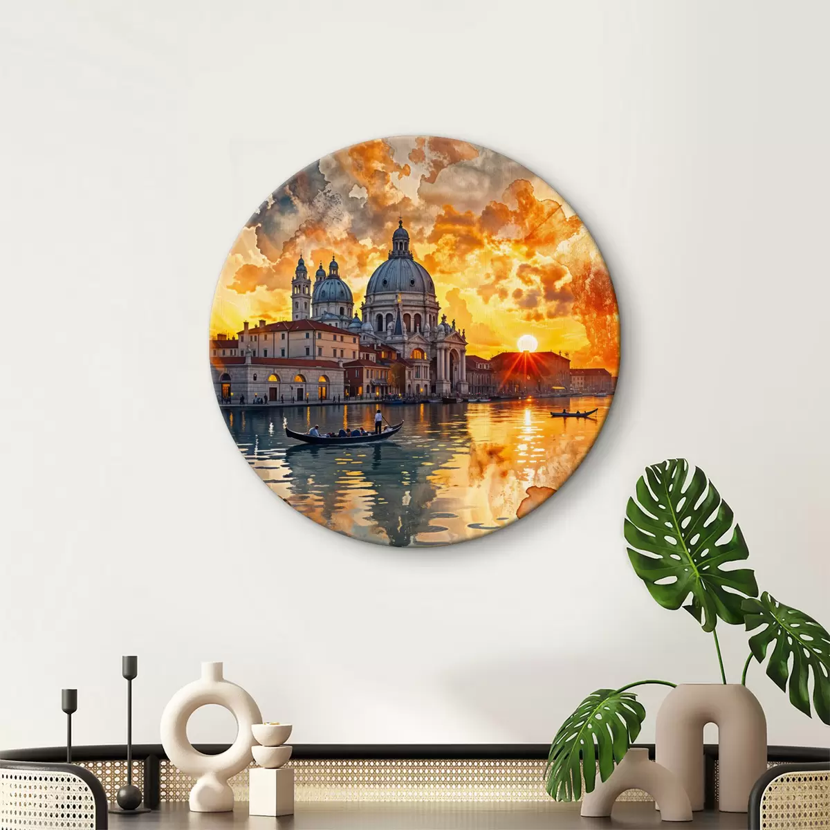 Quadri rotondi Un tramonto colorato e spettacolare sul Canal Grande a Venezia, Italia, acquerello r40027