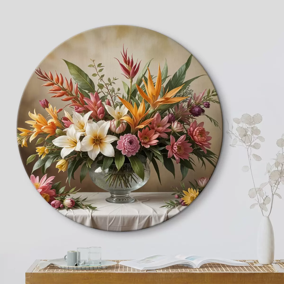 Quadri rotondi Fiori tropicali e varie piante verdi disposte in un vaso di vetro su una tovaglia bianca r40028
