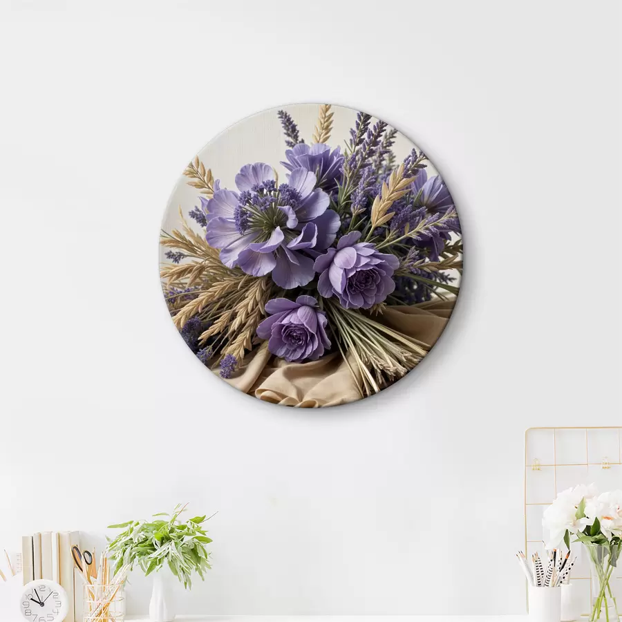 carta da parati Un bouquet di fiori viola, tra cui peonie e lavanda, con steli di grano su uno sfondo chiaro nr. r40030