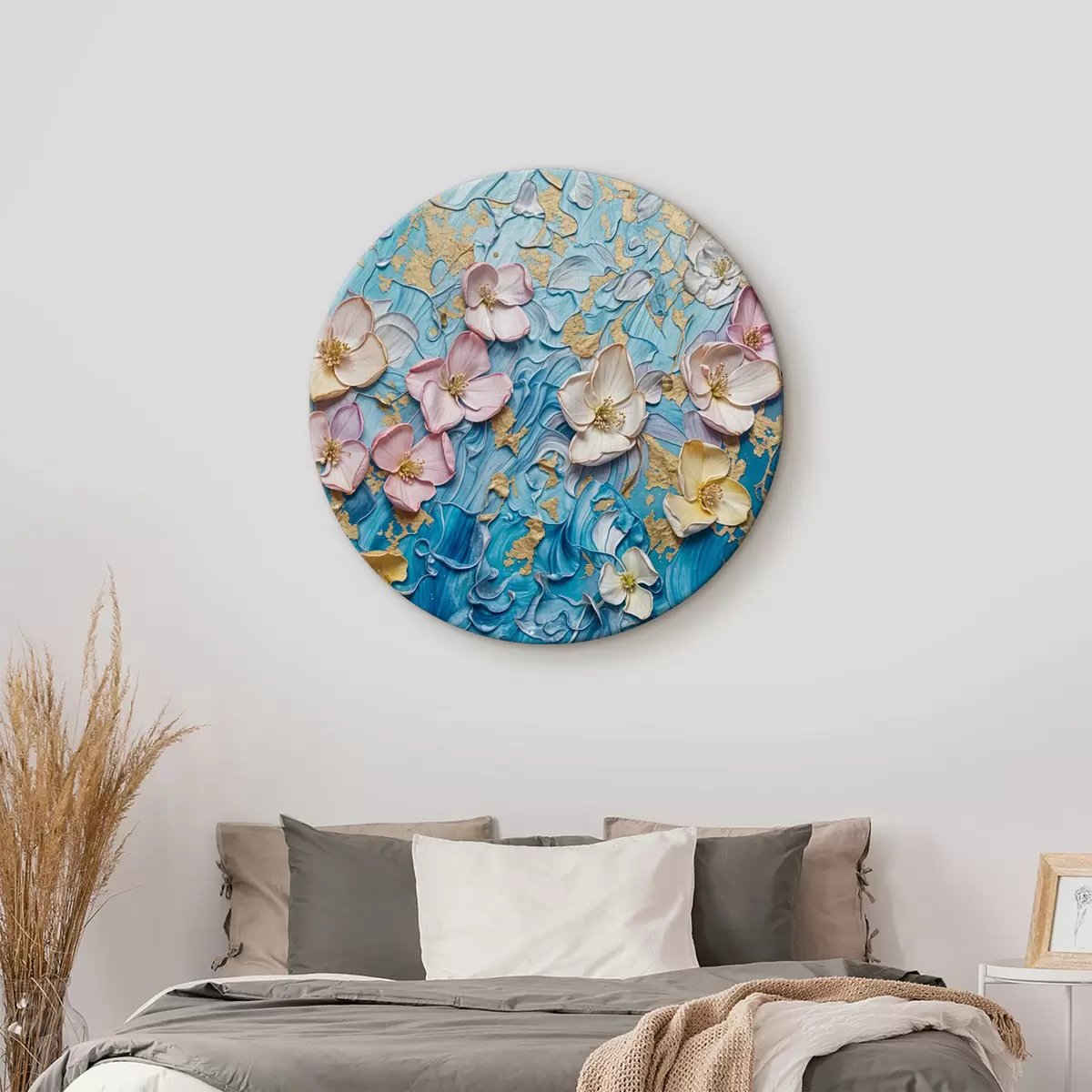 Quadri rotondi Fiori vivaci con petali in tonalità di rosa, giallo e blu su uno sfondo astratto e strutturato r40034