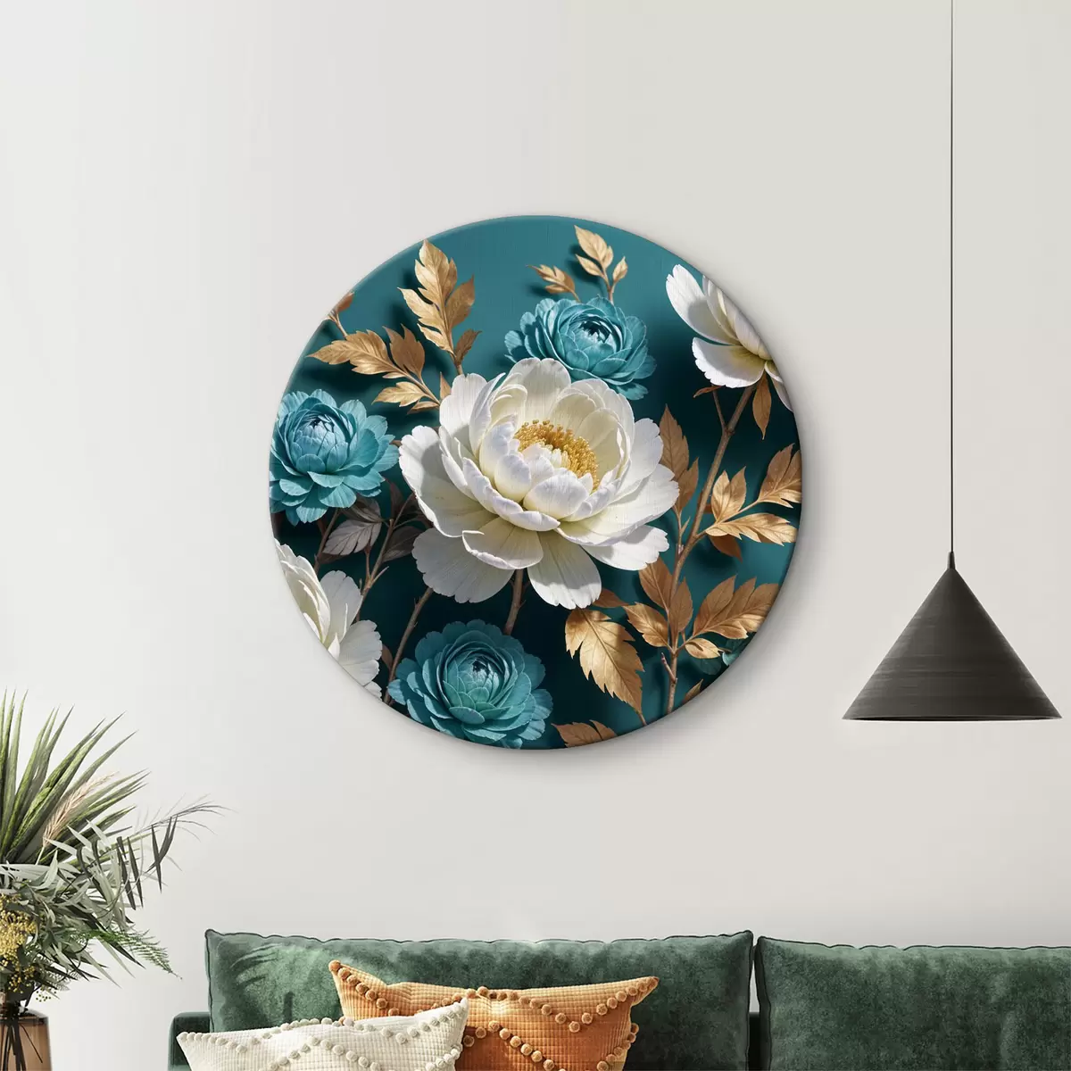 Quadri rotondi Un bouquet di grandi fiori di peonia bianchi e blu-verdi con foglie gialle su uno sfondo verde acqua r40036