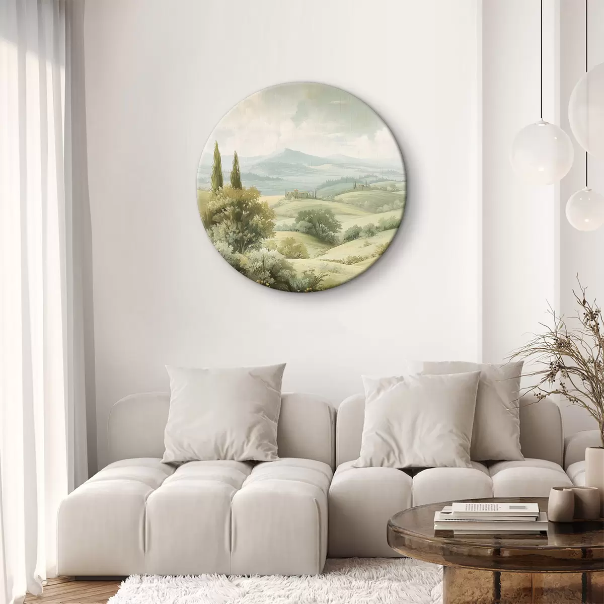 Quadri rotondi Paesaggio da sogno, stile vintage, colori pastello, prato, alberi, vecchie case r40083