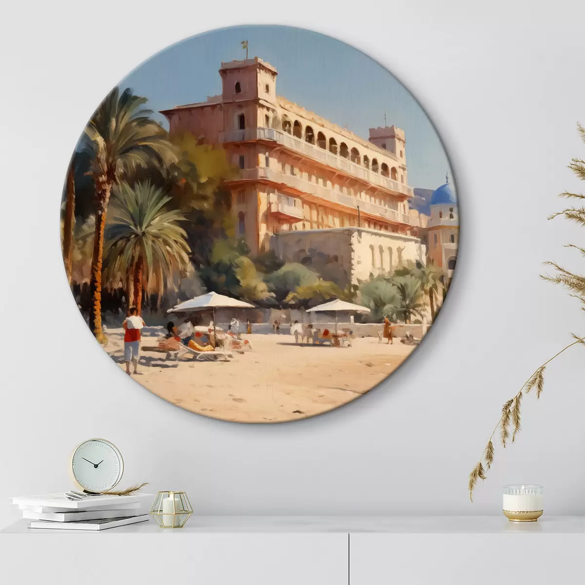 Quadri rotondi Hotel sulla costa d'Italia in riva al mare imitazione della pittura a olio r40106