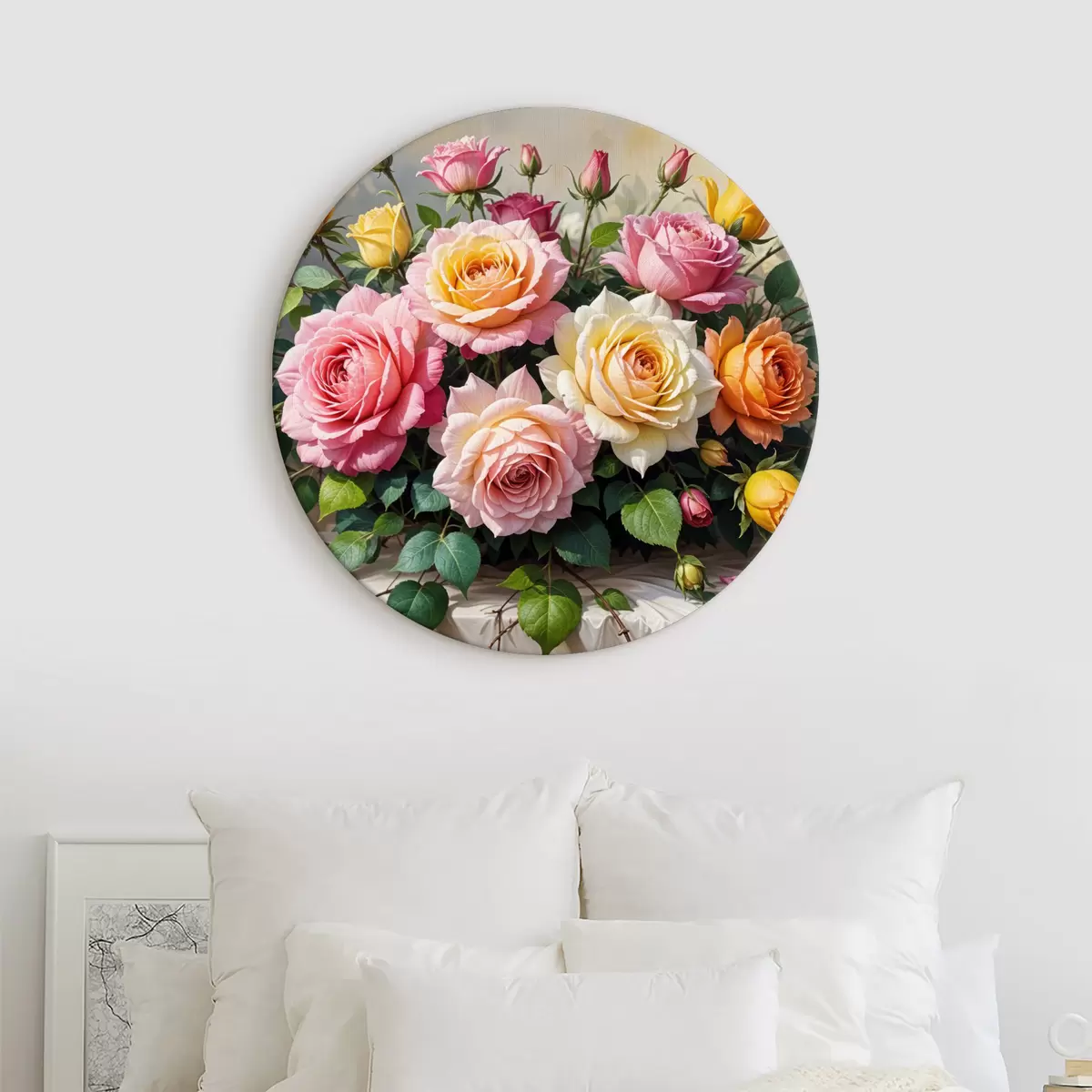 Quadri rotondi Un bouquet di rose colorate in varie tonalità di rosa, giallo e arancione, disposte con foglie verdi r40149