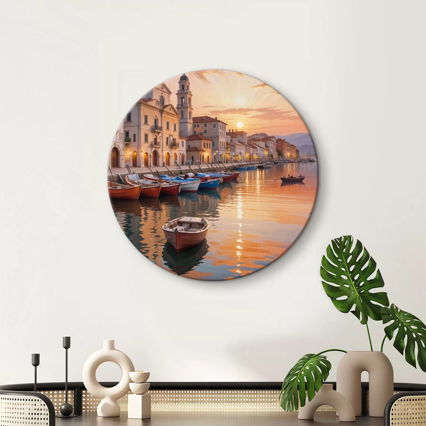 carta da parati Città costiera italiana al tramonto, con edifici colorati che costeggiano il lungomare e barche che galleggiano nelle acque calme nr. r40150