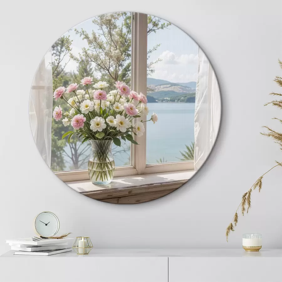 carta da parati Un bouquet di fiori rosa e bianchi in un vaso di vetro posto sul davanzale di una finestra, con un lago panoramico e montagne nr. r40151