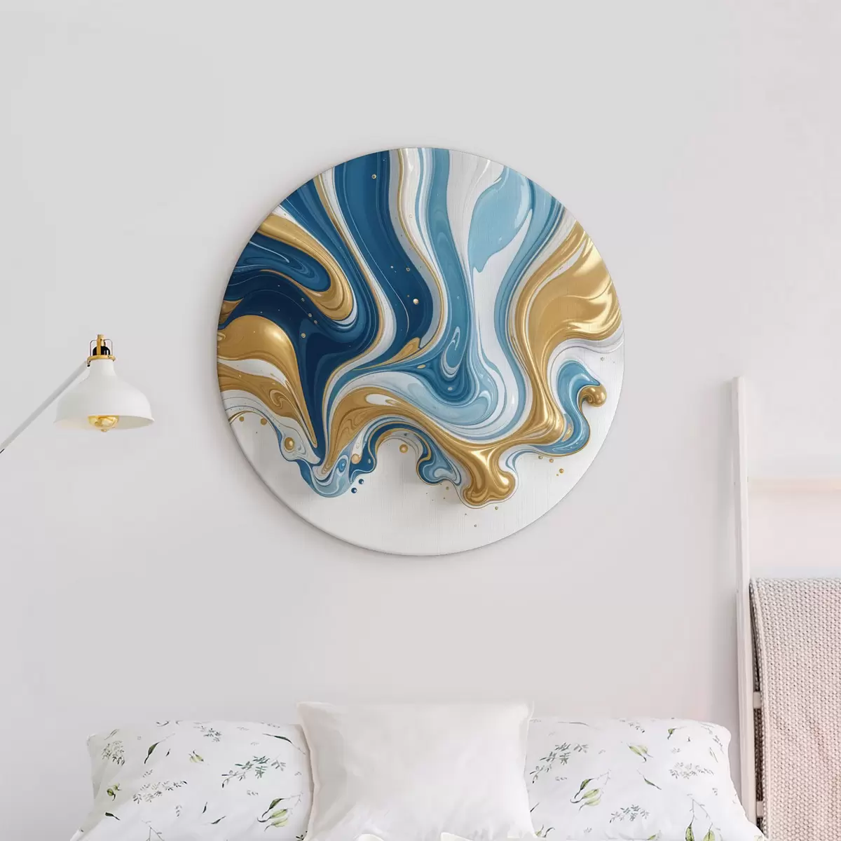 Quadri rotondi Pittura fluida astratta con vorticosi colori blu, bianco e giallo r40152