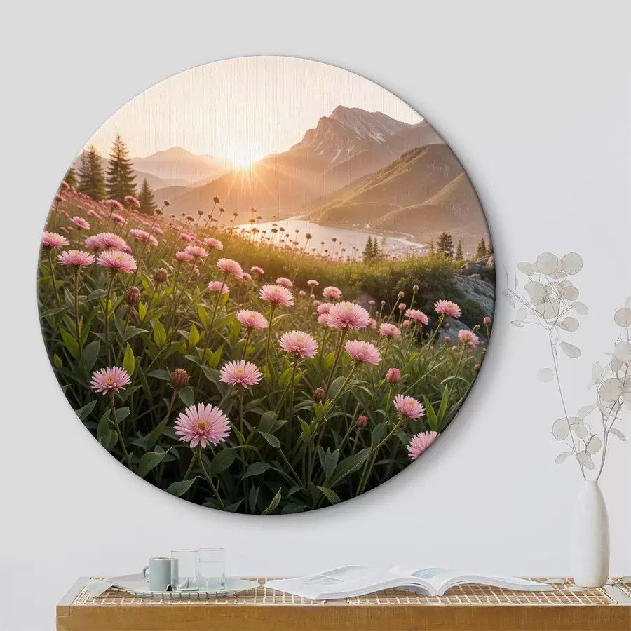 carta da parati Un campo di fiori rosa simili a margherite in primo piano, con una grande catena montuosa sullo sfondo nr. r40154