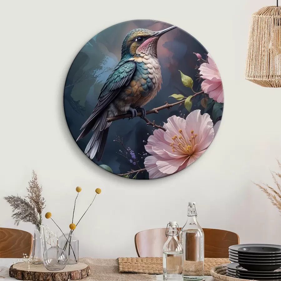 carta da parati Un colibrì colorato appollaiato su un ramo con vivaci fiori rosa sullo sfondo nr. r40155