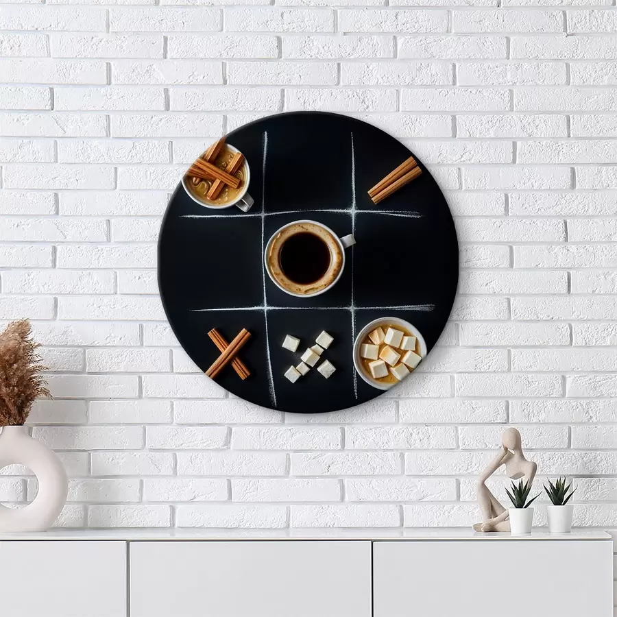 carta da parati Una tazza di caffè con bastoncini di cannella, cubetti di zucchero e marshmallow disposti in una griglia del gioco del tris nr. r40163