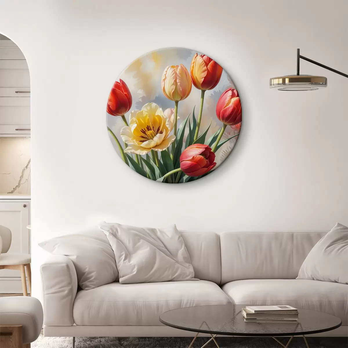 Quadri rotondi Tulipani colorati in varie tonalità di rosso, arancione e giallo su uno sfondo chiaro r40167