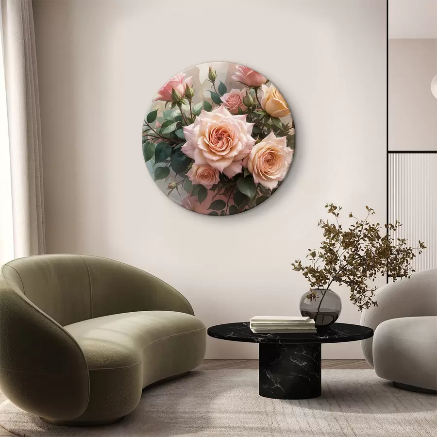 carta da parati Un bouquet di bellissime rose rosa con foglie verdi su uno sfondo morbido e sfocato nr. r40168