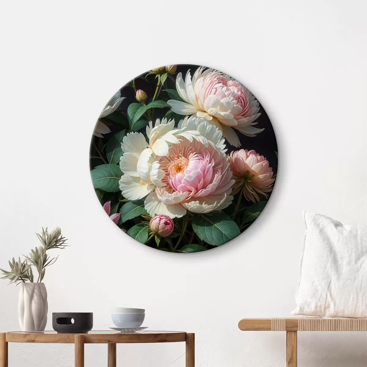 Quadri rotondi Lussureggianti fiori di peonia nelle tonalità del bianco, rosa e giallo con delicati petali stratificati e foglie verdi r40170