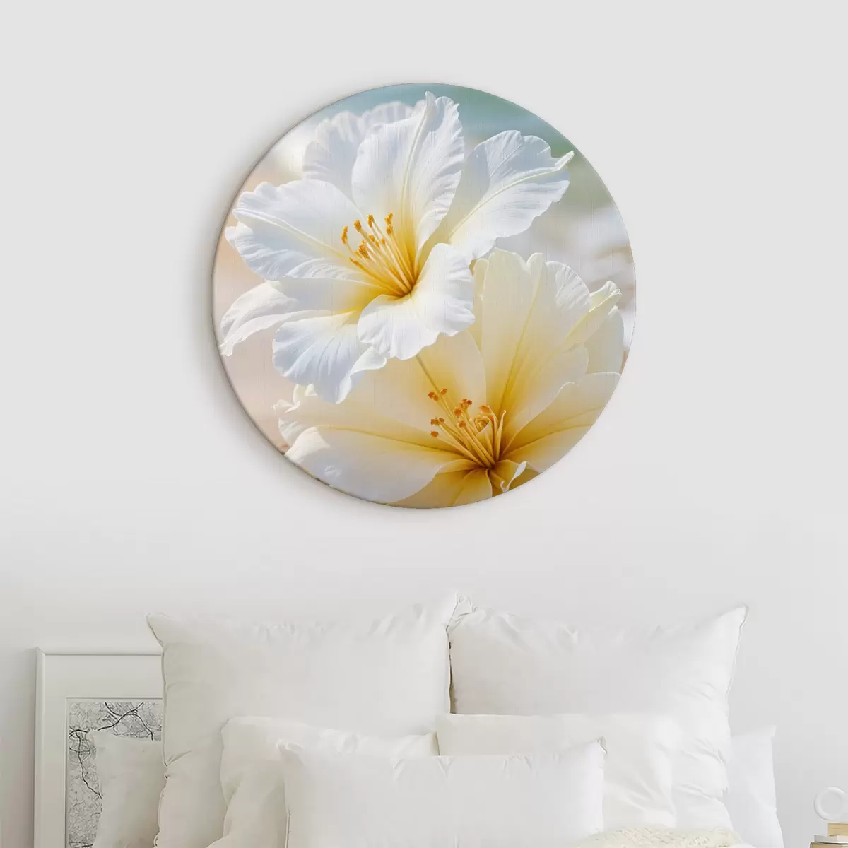 Quadri rotondi Fiori bianchi e gialli con sfondo soft focus r40169