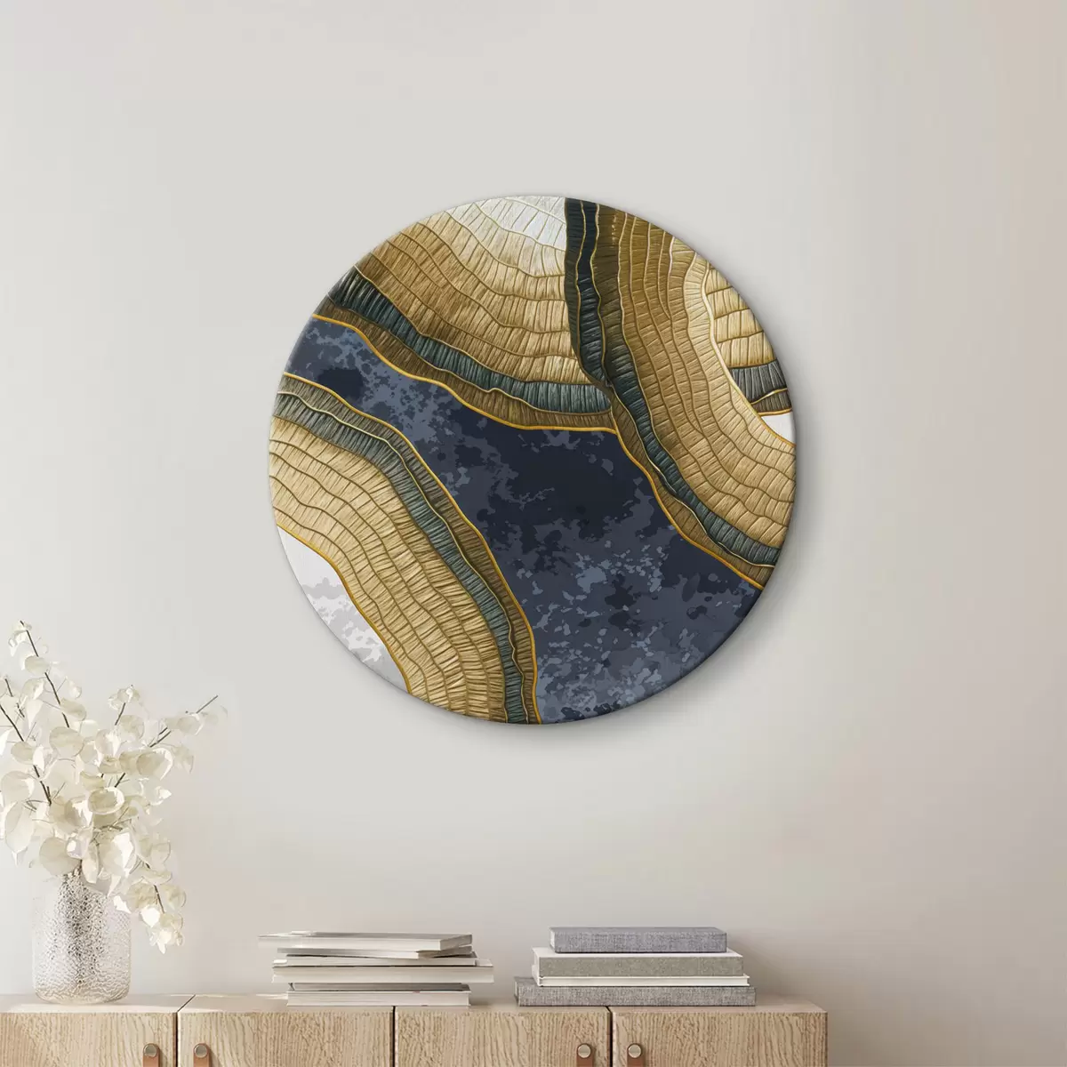 Quadri rotondi Un paesaggio astratto con strati di sfumature gialle strutturate, forme blu e grigie r40180