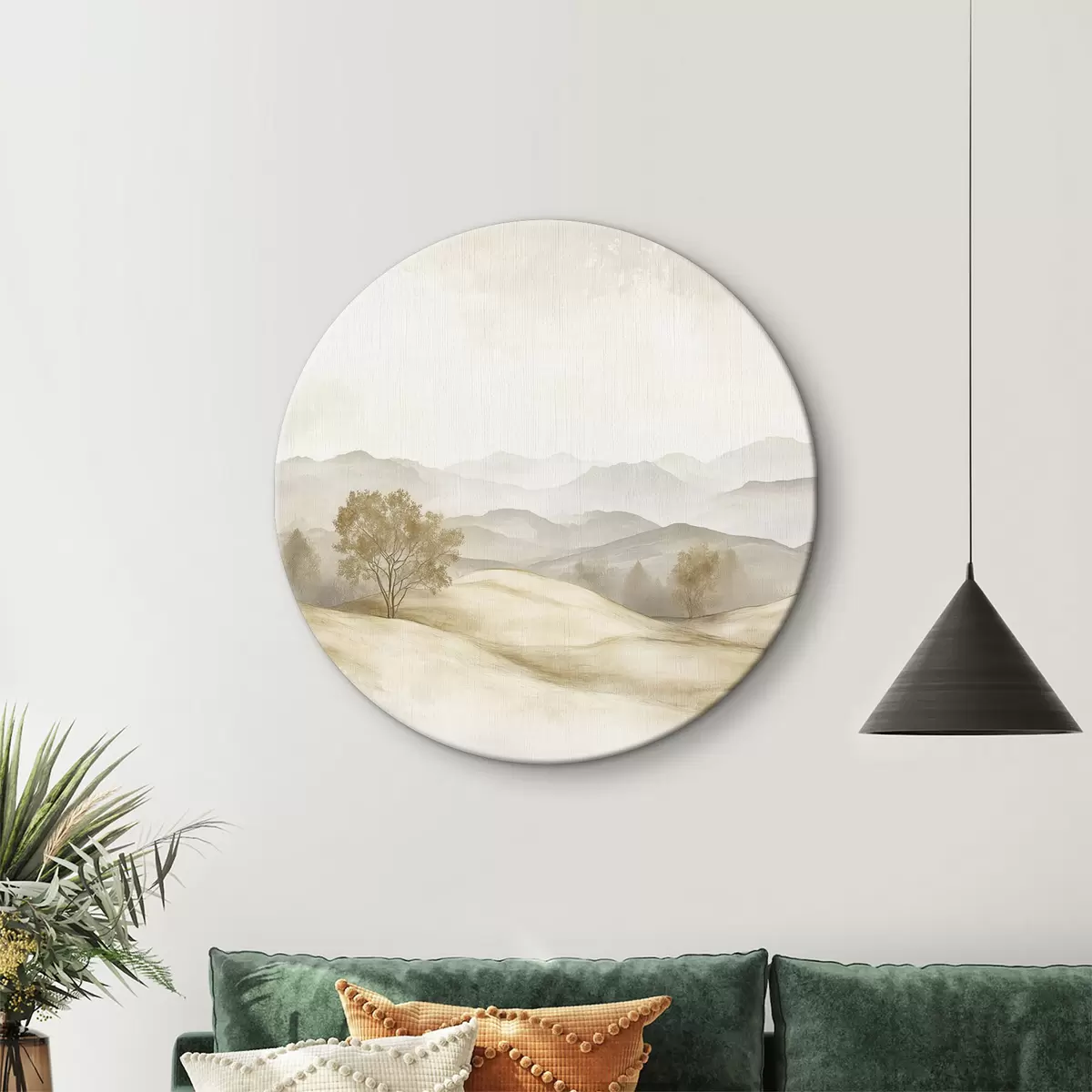 Quadri rotondi Paesaggio naturale in tavolozza di colori beige, prato, alberi, disegno ad acquerello r40231