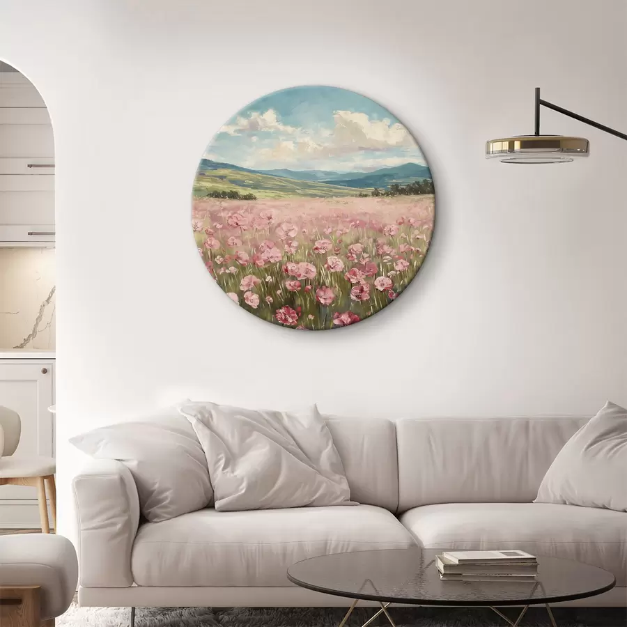 carta da parati Prato con fiori rosa, montagne, paesaggio naturale, cielo azzurro con nuvole, acrilico nr. r40232