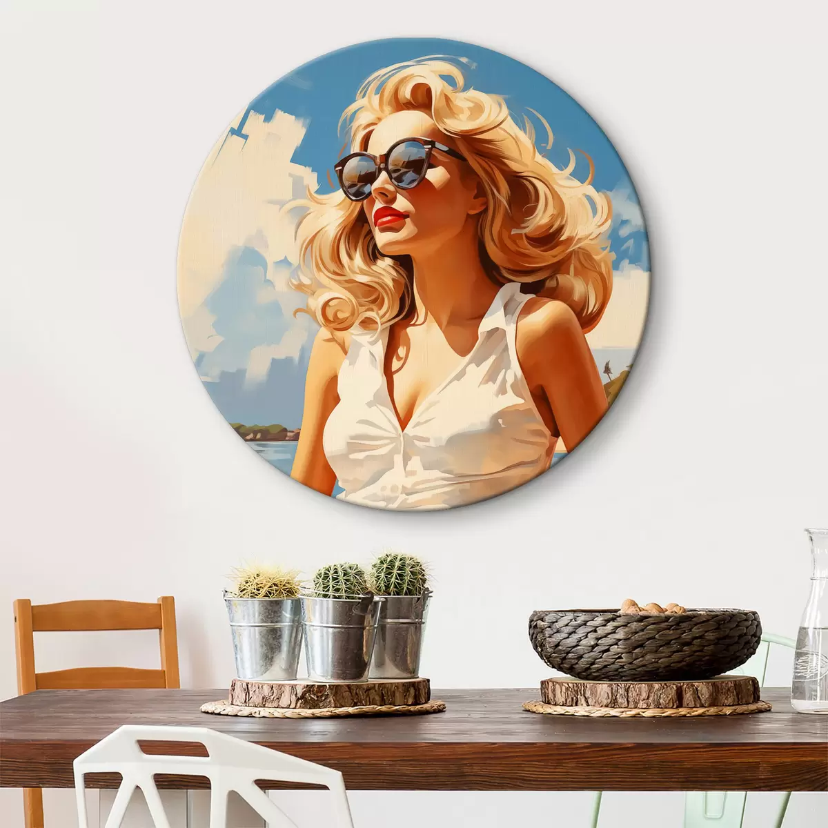 Quadri rotondi Illustrazione di sfondo ragazza bionda sul mare r40321