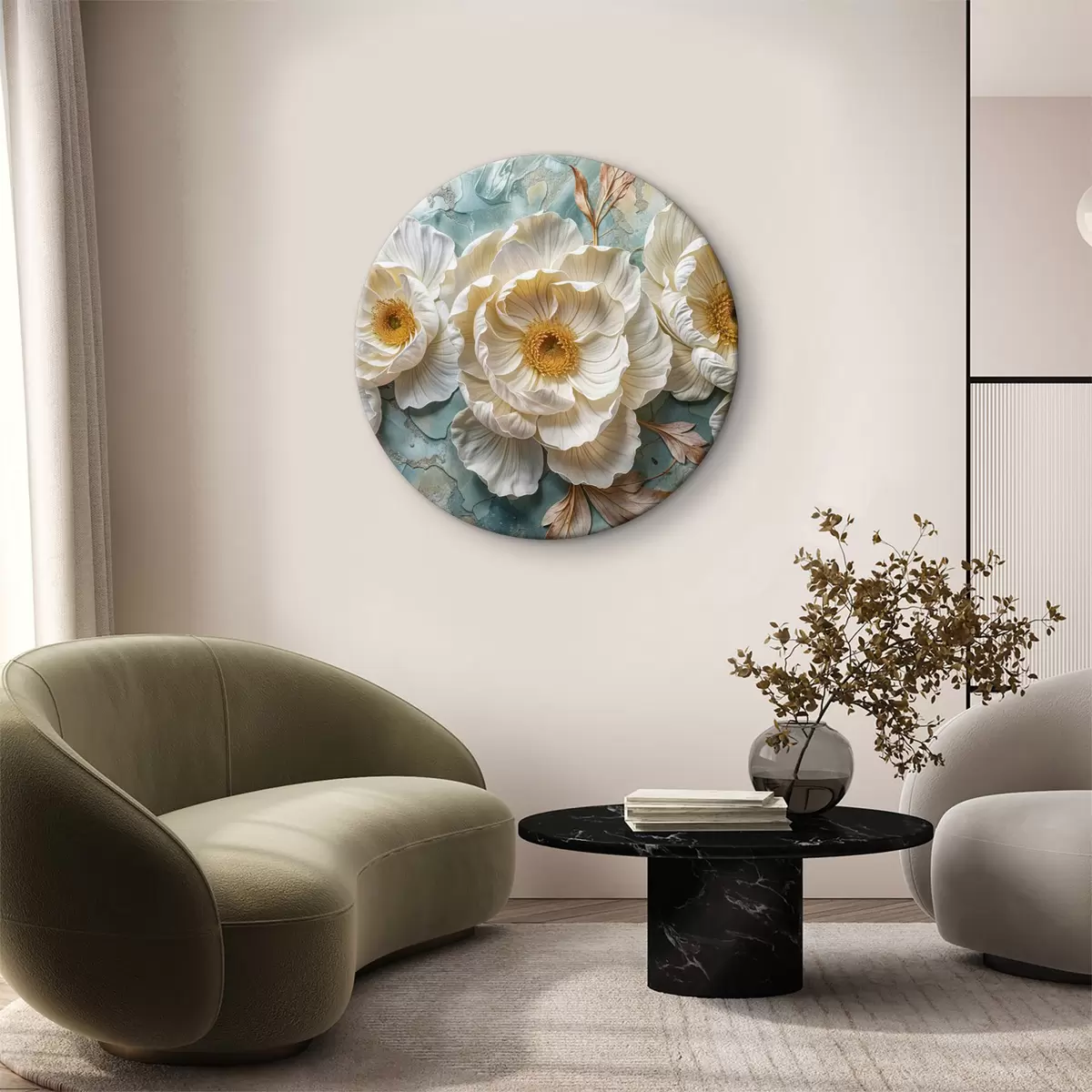 Quadri rotondi Grande e delicato dipinto in impasto di fiori di peonia bianca con centro giallo, circondati da foglie blu-verdi r40386