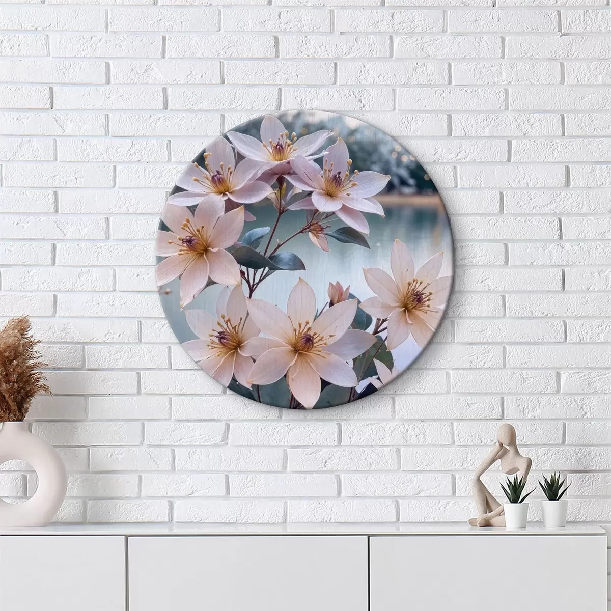 Quadri rotondi Delicati fiori di loto rosa che galleggiano su un'acqua calma, con uno sfondo sfocato di alberi e fogliame r40388