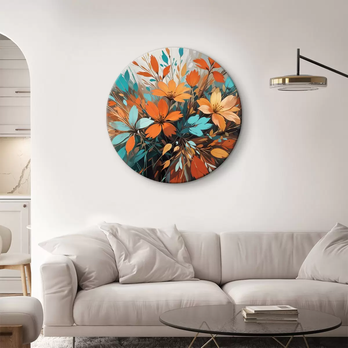 Quadri rotondi Un vivace bouquet di foglie autunnali colorate nelle tonalità dell'arancione, del giallo e del turchese r40392
