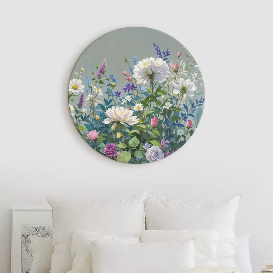 carta da parati Un giardino rigoglioso e vivace, ricco di una varietà di fiori colorati e piante in fiore su uno sfondo grigio nr. r40393