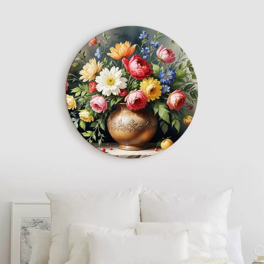 carta da parati Un dipinto vibrante di un bouquet di fiori colorati tra cui rose rosse, narcisi gialli e margherite bianche nr. r40395
