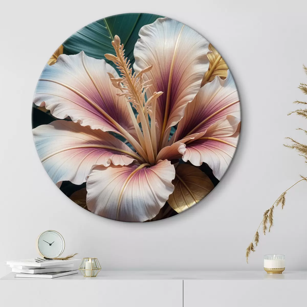 Quadri rotondi Un fiore di ibisco tropicale vivace e multicolore con grandi e intricati petali in tonalità di rosa, bianco e giallo r40399