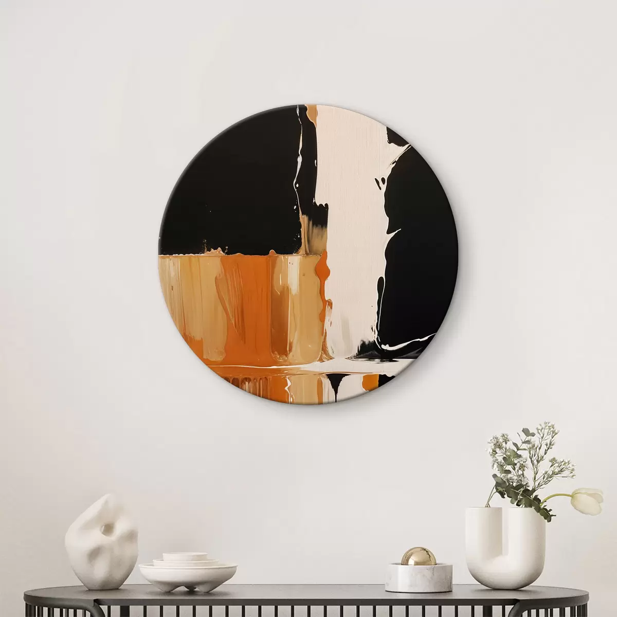 Quadri rotondi Un dipinto astratto scuro con pennellate audaci di colori nero, arancione e bianco r40402