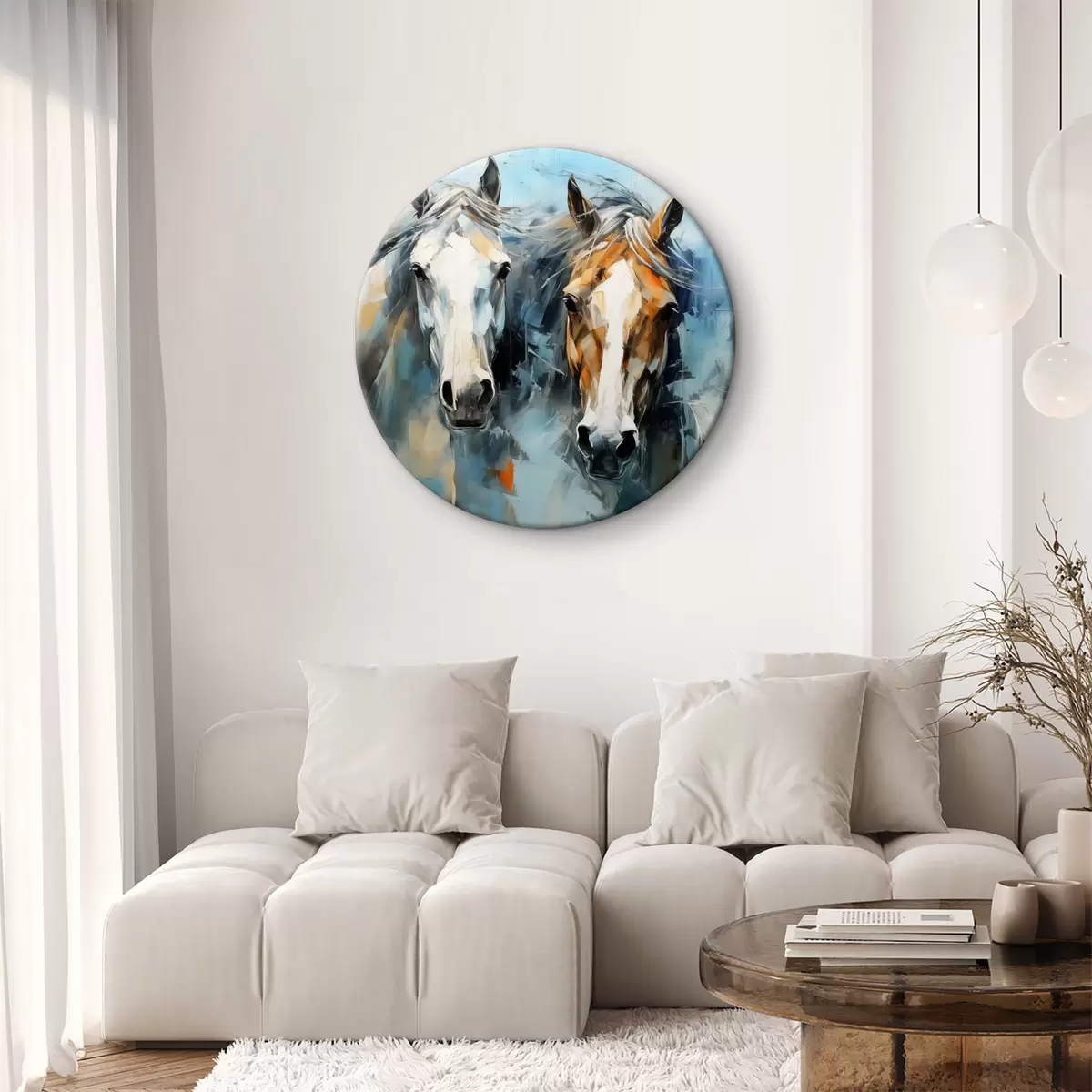 Quadri rotondi Cavalli dipinto astratto, colore bianco, blu, marrone r40493
