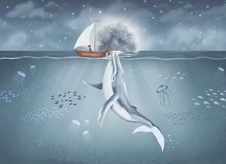 Carta da parati per Bambini Design per bambini con balena, luna e barca con bambini 