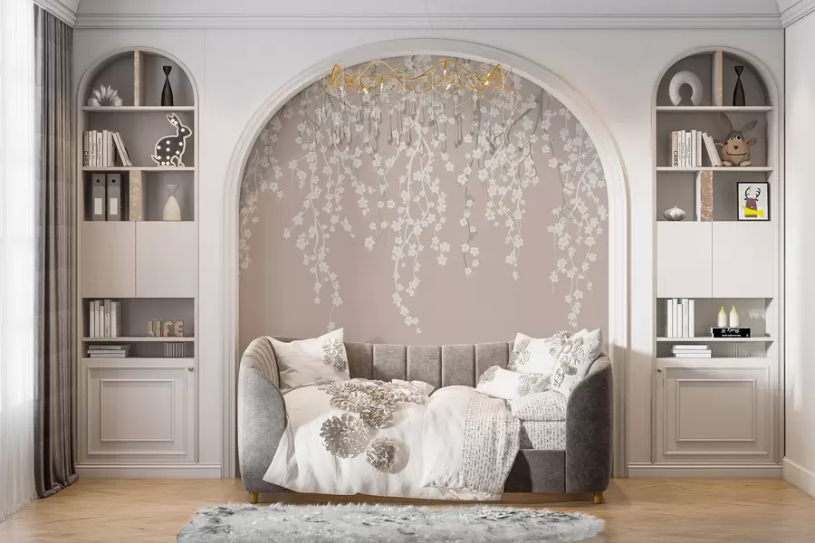 carta da parati Rami delicati e fluenti con fiori su uno sfondo pastello nr. w02479v2